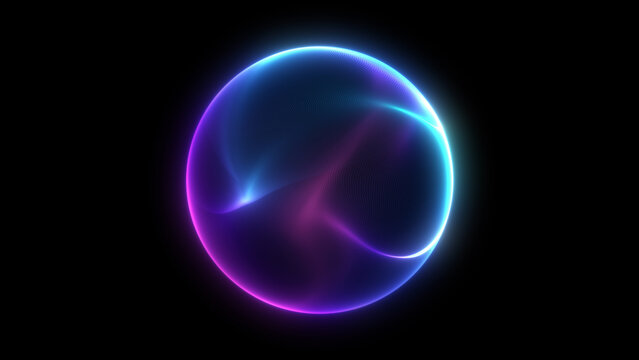 Bright sphere blue pink gradient web colors black isolated background smooth wavy movement stylish glowing 3D orb neon multicolor energy core futuristic digital art visual depth atmosphere