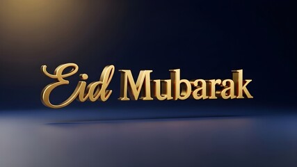 Fototapeta premium Eid Mubarak 3D Text: Golden glossy typography on dark blue background, elegant cursive script, religious holiday greeting, Islamic festival celebration banner concept