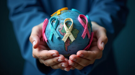 World cancer day February 4. Hand holding colorful awareness ribbons on world map. Healthcare and medical concept