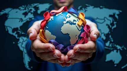 World cancer day February 4. Hand holding colorful awareness ribbons on world map. Healthcare and medical concept