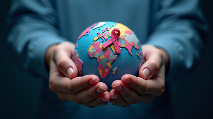 World cancer day February 4. Hand holding colorful awareness ribbons on world map. Healthcare and medical concept