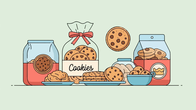 Collection of cookies in jars, bags, and bowls, some stacked on plates