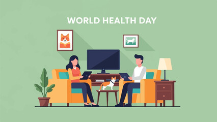 Couple relaxing at home, celebrating World Health Day with pets
