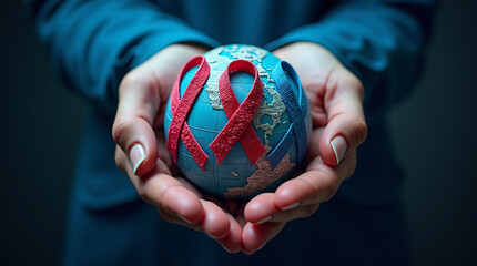 World cancer day February 4. Hand holding colorful awareness ribbons on world map. Healthcare and medical concept