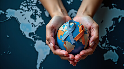 World cancer day February 4. Hand holding colorful awareness ribbons on world map. Healthcare and medical concept