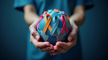 World cancer day February 4. Hand holding colorful awareness ribbons on world map. Healthcare and medical concept