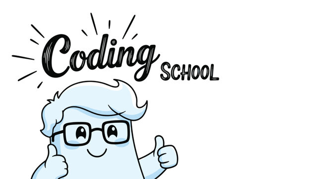 A friendly cartoon character with glasses giving two thumbs up next to the text 'Coding School', promoting programming education.