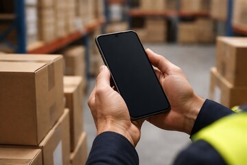 Warehouse worker using smartphone in modern logistics environment