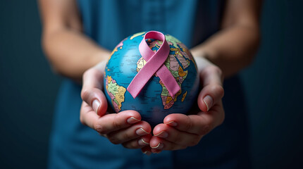 World cancer day February 4. Hand holding colorful awareness ribbons on world map. Healthcare and medical concept