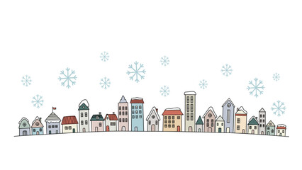 Hand-drawn cityscape of a cute and colorful town in winter with falling snow, a whimsical and charming doodle-style panoramic illustration.