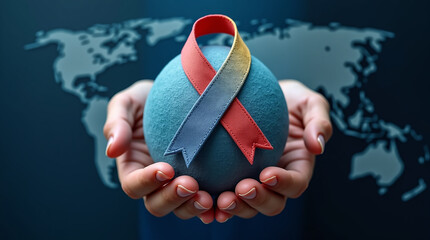 World cancer day February 4. Hand holding colorful awareness ribbons on world map. Healthcare and medical concept