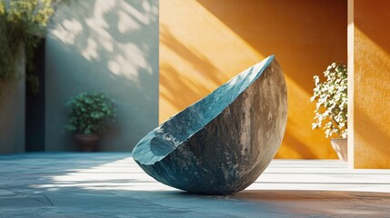Abstract Stone Sculpture in Modern Outdoor Setting with Plants