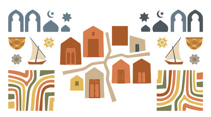 Vibrant Middle Eastern village scene with mosque and sailboat