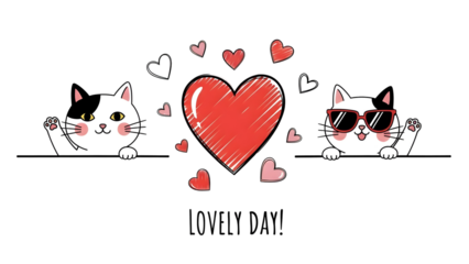 Two cute cats with hearts and sunglasses on transparent background
