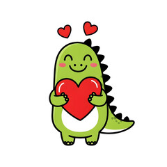 Cute green cartoon dinosaur hugging a red heart with hearts above on transparent background
