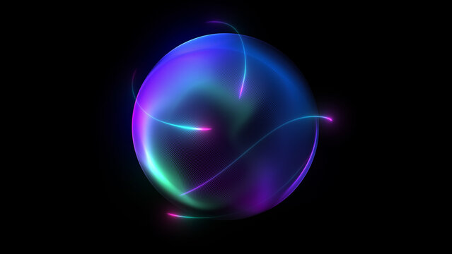 Bright multicolor sphere green blue purple gradient black background abstract neon glowing energy sphere motion magical light lines optical rotation circular plasma futuristic digital sci fi visual