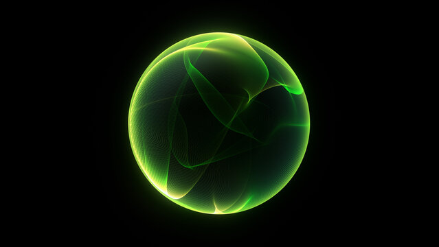 Luminous abstract energy sphere flowing green yellow light waves fine dotted texture smooth translucent contours forming dynamic fluid shape deep black background futuristic digital eco power visual