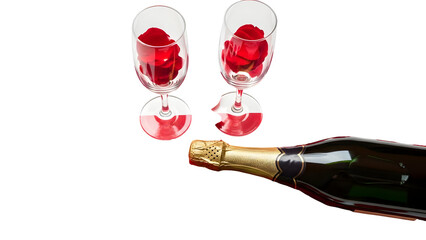 Two glasses of red wine and a bottle pouring on transparent background