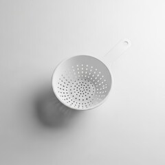 A small white colander with perforated holes placed on a smooth white surface