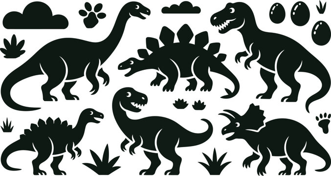 Various dinosaur silhouettes including T Rex Stegosaurus Brontosaurus with footprints and leaves