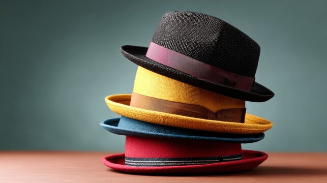 A stack of hats on a table, with the top hat being black and the bottom hat being red