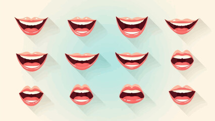 Fototapeta premium Collection of smiling mouths with open lips and teeth on a light background