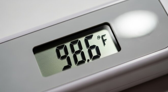 Electronic device displays a reading of ninety eight point six degrees Fahrenheit