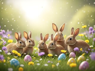 Group of brown bunnies sitting in a field of flowers with colorful Easter eggs