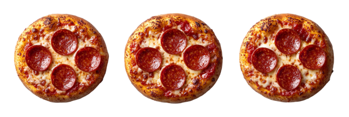 Three round baked food items against transparent background