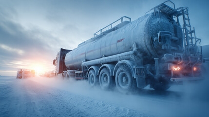 Obraz premium Frozen tanker truck on icy highway during winter sunrise, extreme cold logistics and transportation scene with copy space