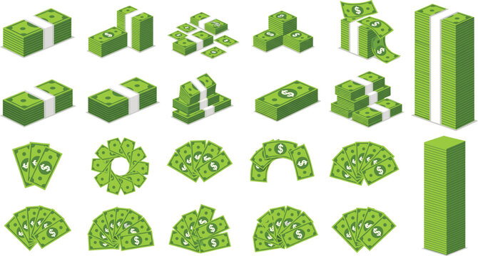 Collection of Green Banknote Cash Bundles and Dollar Bill Fan Designs in Flat Vector Illustration Set for Finance Wealth and Banking Business.
