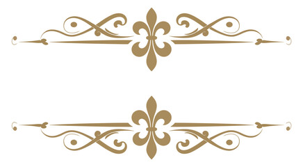 Golden ornate flourish decorative elements with fleur de lis motifs on white background, vector illustrations for design, branding, invitations, logos, and luxury graphic projects.