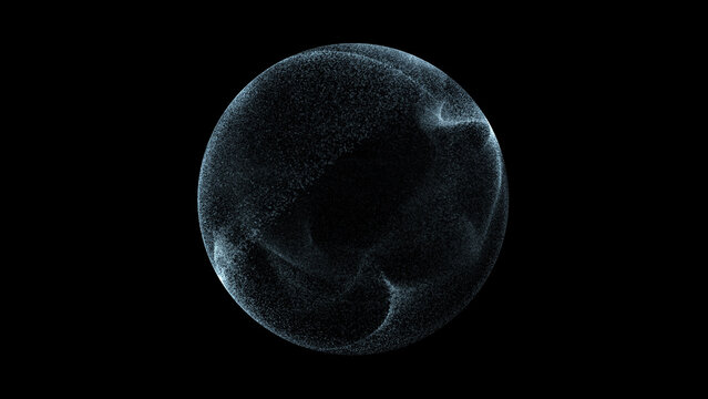 Soft blue particle field sphere shimmering micro dust clouds drifting plasma waves deep black background minimal sci fi abstract energy orb airy fluid motion cinematic digital aesthetic luminous depth