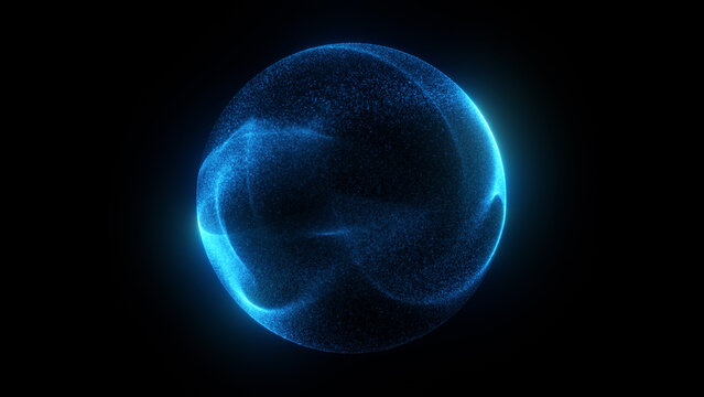Bright cyan glowing particle plasma sphere smooth flowing nebula waves dense shimmering micro dots deep black background futuristic sci fi energy orb fluid cold luminous motion digital art