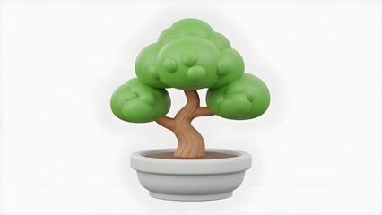 A 3D illustration of a bonsai tree in an aesthetic and minimalist white pot. Its artistically curved trunk and lush, delicate green foliage create a calming and decorative impression.