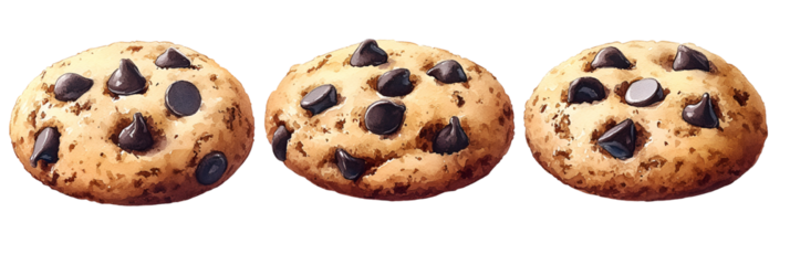 Three round chocolate chip cookies against transparent background