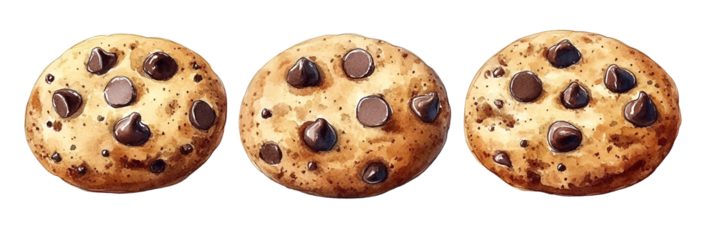 Three round chocolate chip cookies isolated on transparent background