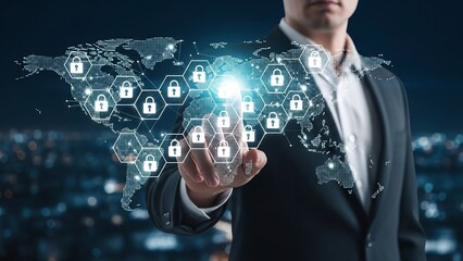 Businessman in a suit interacts with a glowing circular network of interconnected business icons.