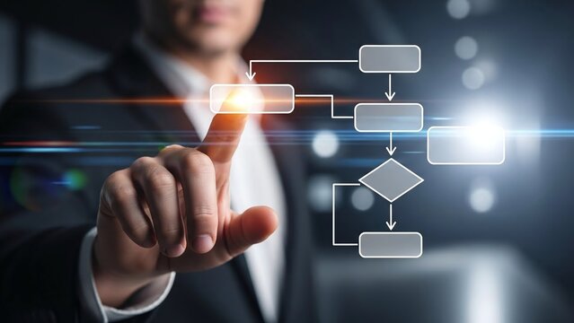 Businessman in a suit pointing at an illuminated digital flowchart representing a complex business process or workflow. - Powered by Adobe