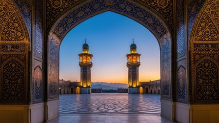 Islamic Mosque Courtyard at Sunset: Intricate blue tile mosaic arch, twin glowing minarets, twilight sky, mountains, religious architecture, spiritual travel, prayer and ramadan concept