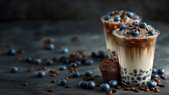 Two layered blueberry iced latte in clear takeaway cups, chocolate muffin for dessert, scattered coffee beans and blueberries, dark blue background with copy space.