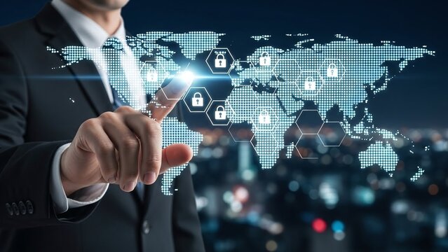 Businessman pointing at a glowing world map with padlock icons, symbolizing global data security. - Powered by Adobe