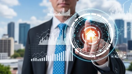 Businessman touches a glowing holographic house icon, with data charts and a city.
