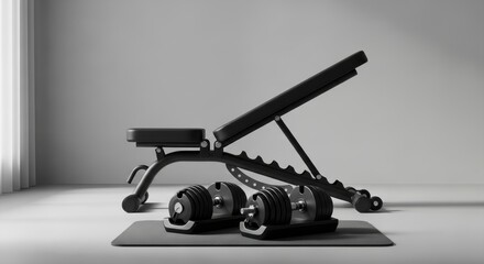 Adjustable black weightlifting bench and paired dumbbells rest on a floor mat in a softly lit room.