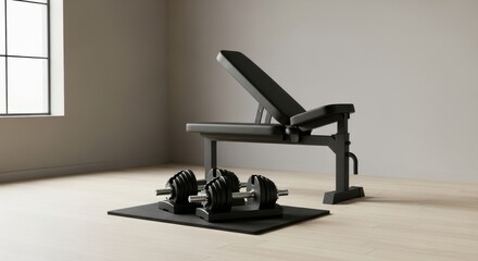 Adjustable weight bench and free weights rest on a mat in a bright room