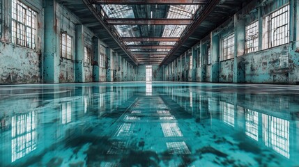 Abandoned Industrial Space with Reflections on Wet Floor Surface