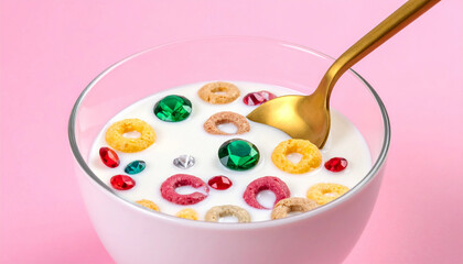 Luxury breakfast concept with milk cereal bowl filled with colorful gemstones