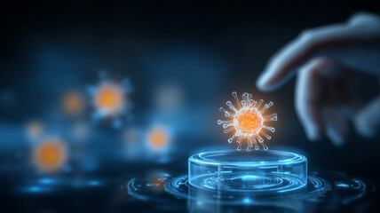 Human hand holding a holographic virus particle above a transparent platform, representing digital virus analysis and advanced cybersecurity threats.
