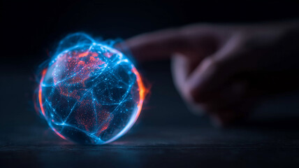 A human finger touching a glowing connected globe to represent global data networks and digital connectivity.
