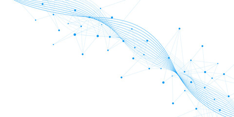 Abstract wavy lines and connecting blue dots or plexus background. Suitable for science, technology, biochemistry and biology concept design. Vector